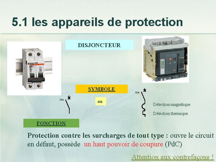 5. 1 les appareils de protection DISJONCTEUR SYMBOLE 32 A ou 32 A Détection