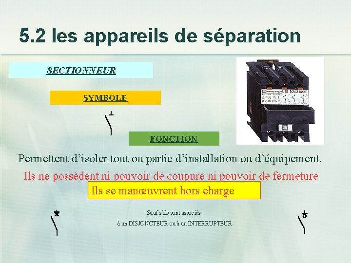 5. 2 les appareils de séparation SECTIONNEUR SYMBOLE FONCTION Permettent d’isoler tout ou partie