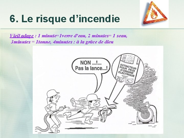 6. Le risque d’incendie Vieil adage : 1 minute=1 verre d'eau, 2 minutes= 1