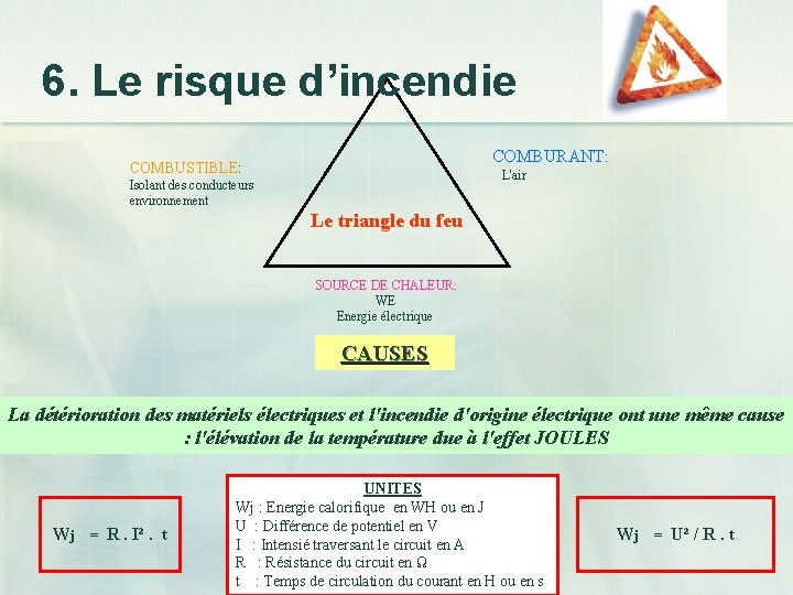 6. Le risque d’incendie COMBURANT: COMBUSTIBLE: L'air Isolant des conducteurs environnement Le triangle du