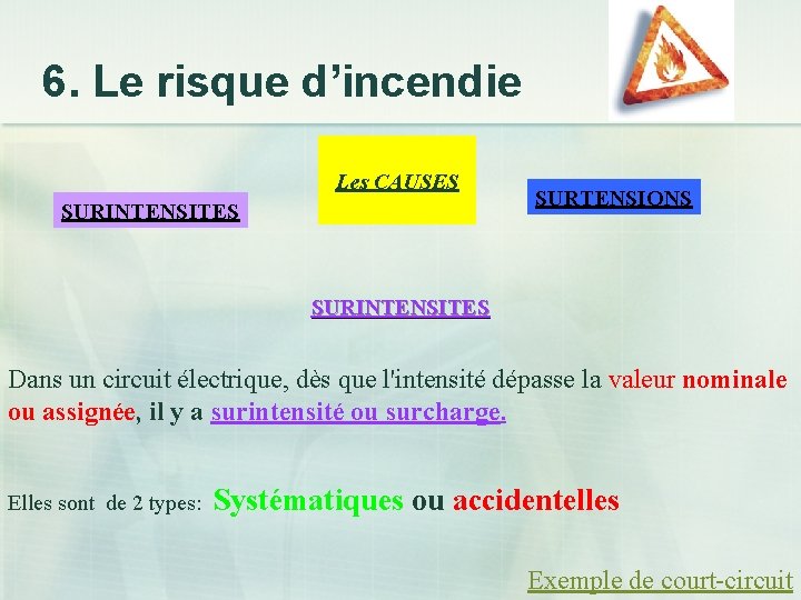 6. Le risque d’incendie Les CAUSES SURINTENSITES SURTENSIONS SURINTENSITES Dans un circuit électrique, dès