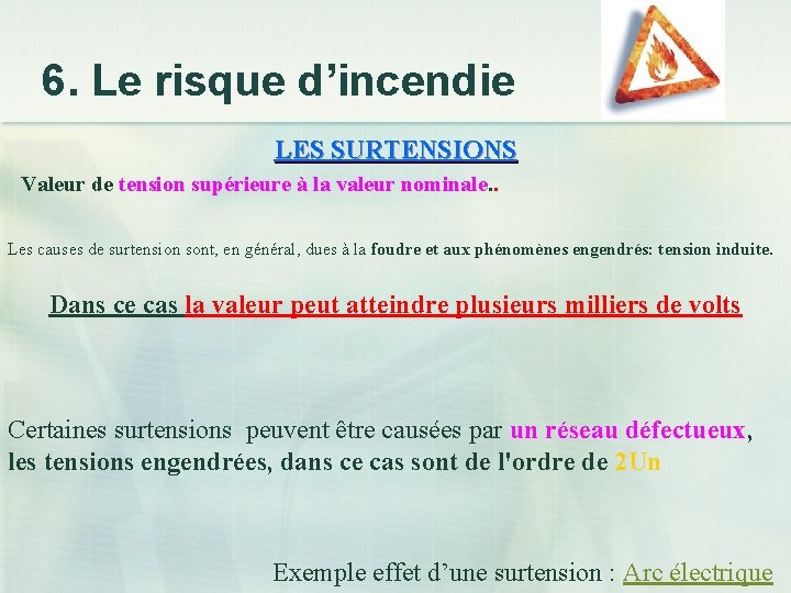 6. Le risque d’incendie LES SURTENSIONS Valeur de tension supérieure à la valeur nominale.