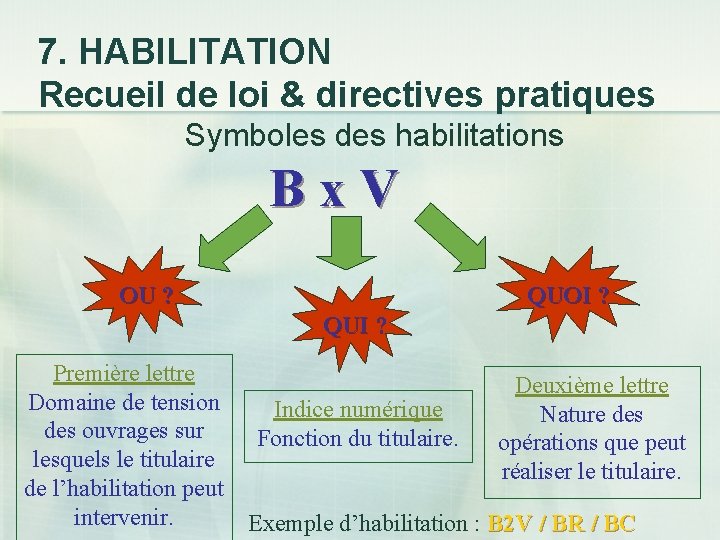 7. HABILITATION Recueil de loi & directives pratiques Symboles des habilitations B x V