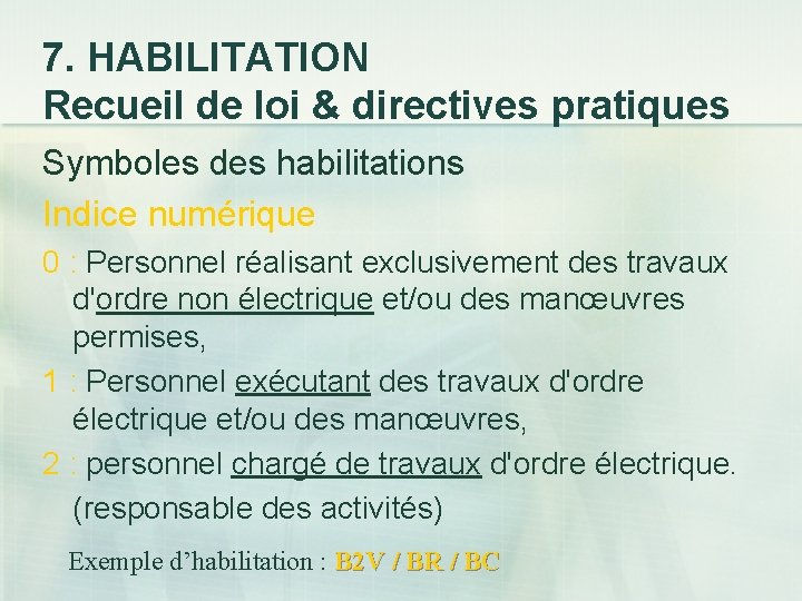 7. HABILITATION Recueil de loi & directives pratiques Symboles des habilitations Indice numérique 0