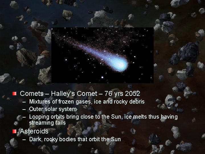 Comets – Halley’s Comet – 76 yrs 2052 – – – Mixtures of frozen
