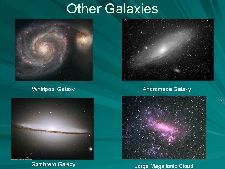 Other Galaxies Whirlpool Galaxy Sombrero Galaxy Andromeda Galaxy Large Magellanic Cloud 
