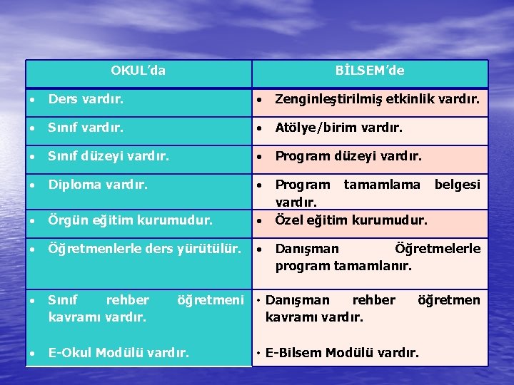 OKUL’da BİLSEM’de Ders vardır. Zenginleştirilmiş etkinlik vardır. Sınıf vardır. Atölye/birim vardır. Sınıf düzeyi vardır.