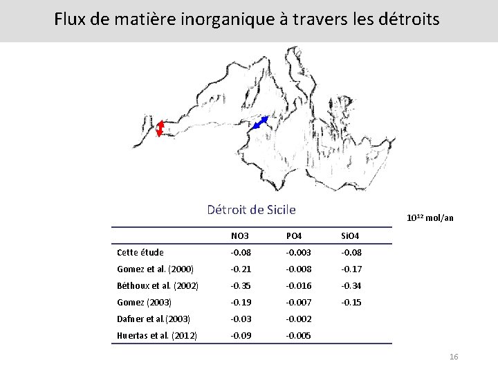 Flux de matière inorganique à travers les détroits Détroit de Sicile 1012 mol/an NO