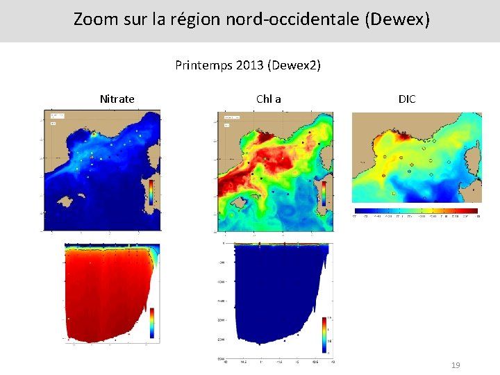 Zoom sur la région nord-occidentale (Dewex) Printemps 2013 (Dewex 2) Nitrate Chl a DIC