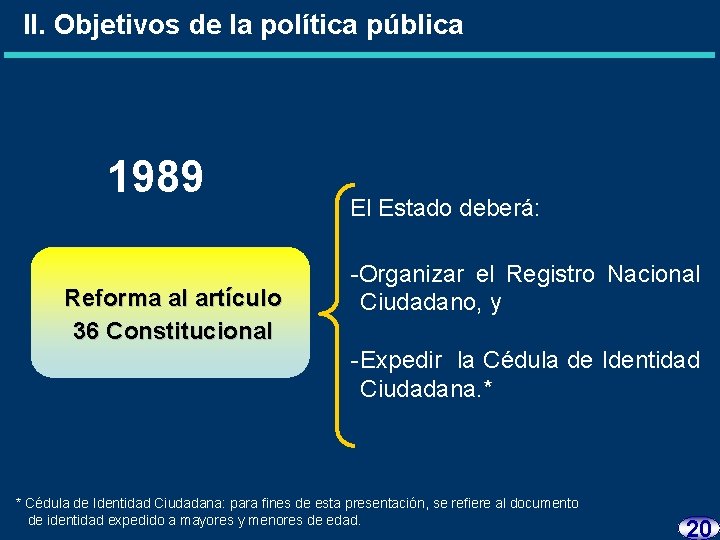 II. Objetivos de la política pública 1989 Reforma al artículo 36 Constitucional El Estado