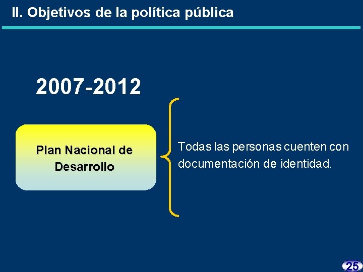 II. Objetivos de la política pública 2007 -2012 Plan Nacional de Desarrollo Todas las