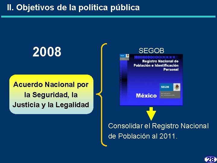 II. Objetivos de la política pública 2008 SEGOB Acuerdo Nacional por la Seguridad, la