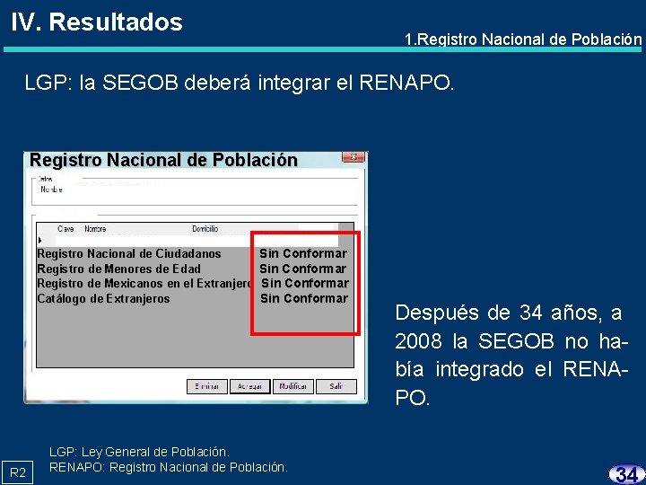 IV. Resultados 1. Registro Nacional de Población LGP: la SEGOB deberá integrar el RENAPO.