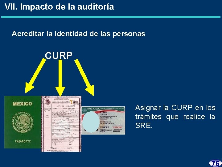 VII. Impacto de la auditoría Acreditar la identidad de las personas CURP Asignar la