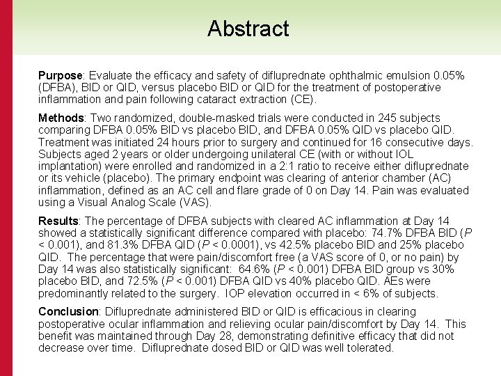 Abstract Purpose: Evaluate the efficacy and safety of difluprednate ophthalmic emulsion 0. 05% (DFBA),