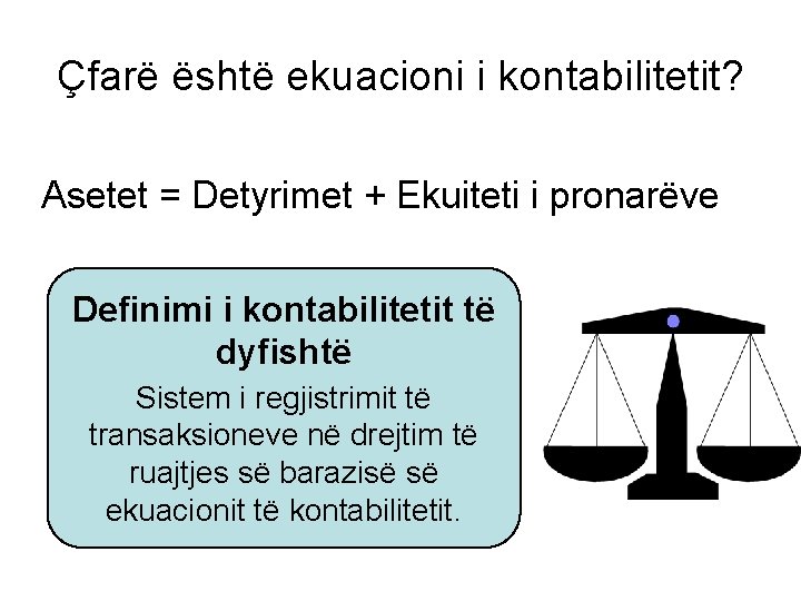 Çfarë është ekuacioni i kontabilitetit? Asetet = Detyrimet + Ekuiteti i pronarëve Definimi i