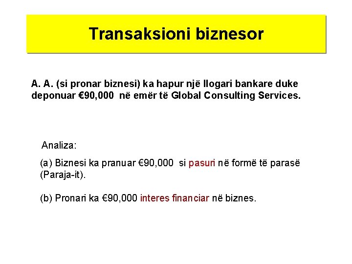 Transaksioni biznesor A. A. (si pronar biznesi) ka hapur një llogari bankare duke deponuar