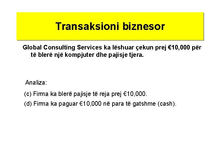 Transaksioni biznesor Global Consulting Services ka lëshuar çekun prej € 10, 000 për të
