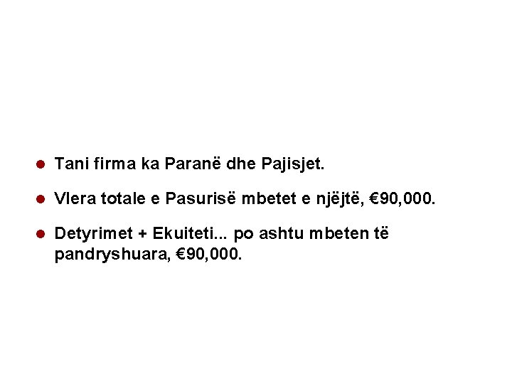 l Tani firma ka Paranë dhe Pajisjet. l Vlera totale e Pasurisë mbetet e