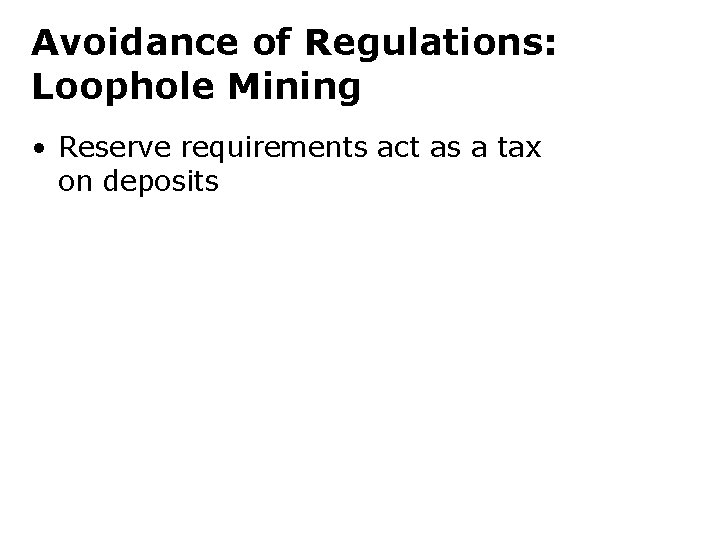 Avoidance of Regulations: Loophole Mining • Reserve requirements act as a tax on deposits