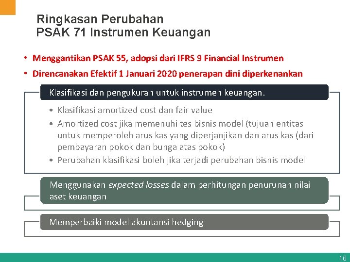 Ringkasan Perubahan PSAK 71 Instrumen Keuangan • Menggantikan PSAK 55, adopsi dari IFRS 9