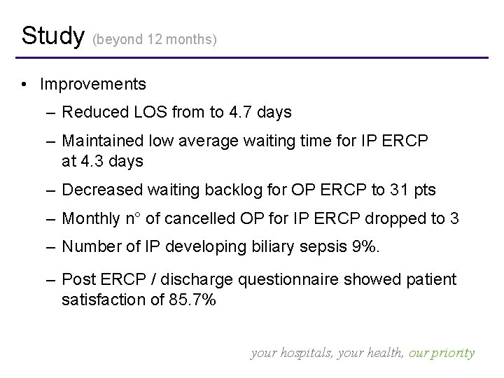 Study (beyond 12 months) • Improvements – Reduced LOS from to 4. 7 days