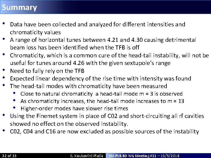 Summary • • Data have been collected analyzed for different intensities and chromaticity values Summary • • Data have been collected analyzed for different intensities and chromaticity values