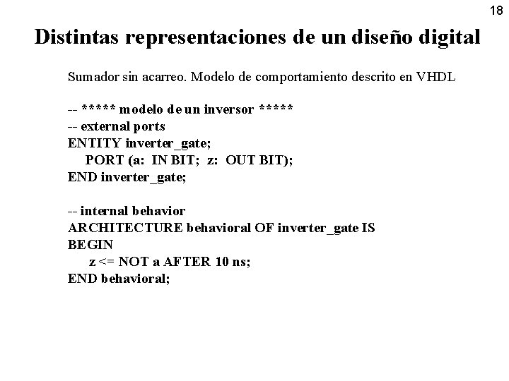 18 Distintas representaciones de un diseño digital Sumador sin acarreo. Modelo de comportamiento descrito