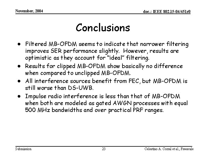 November, 2004 doc. : IEEE 802. 15 -04/451 r 0 Conclusions · Filtered MB-OFDM