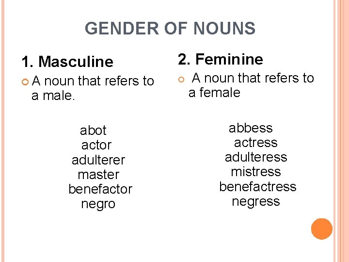 GENDER OF NOUNS 1. Masculine 2. Feminine A noun that refers to a male.
