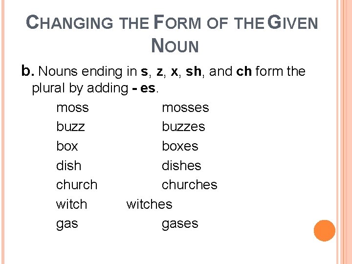 CHANGING THE FORM OF THE GIVEN NOUN b. Nouns ending in s, z, x,