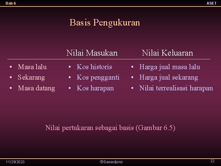 Bab 6 ASET Basis Pengukuran Nilai Masukan • Masa lalu • Sekarang • Masa