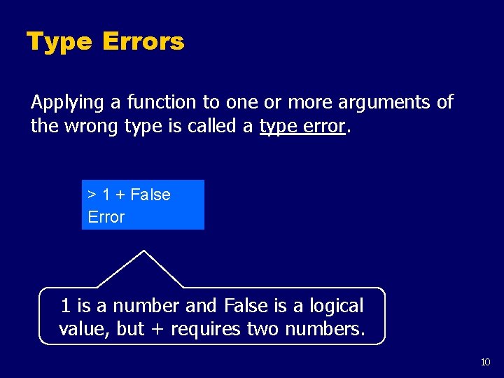 Type Errors Applying a function to one or more arguments of the wrong type