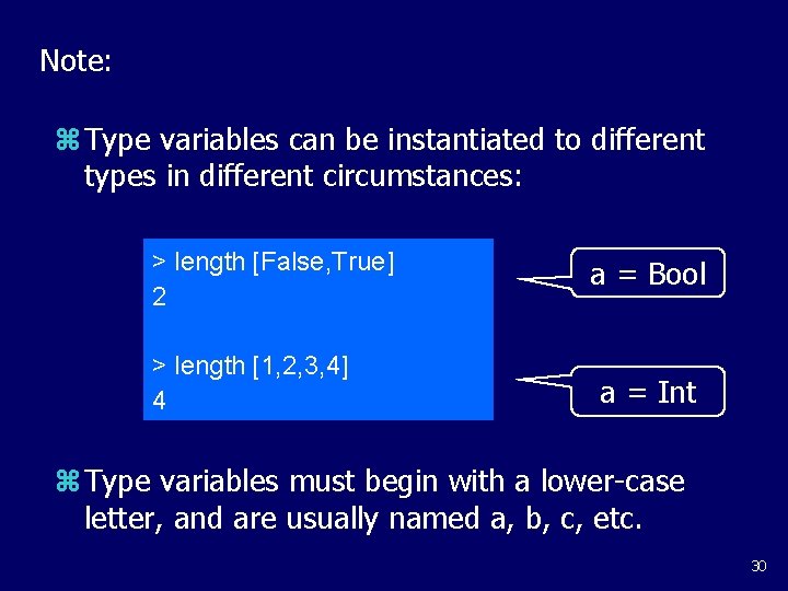 Note: z Type variables can be instantiated to different types in different circumstances: >