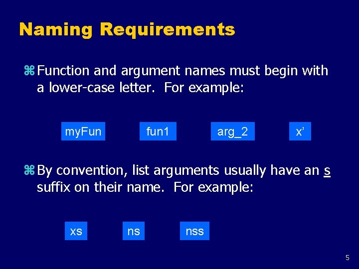 Naming Requirements z Function and argument names must begin with a lower-case letter. For