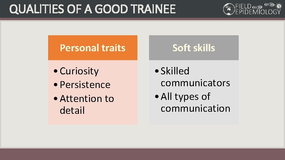 QUALITIES OF A GOOD TRAINEE Personal traits • Curiosity • Persistence • Attention to