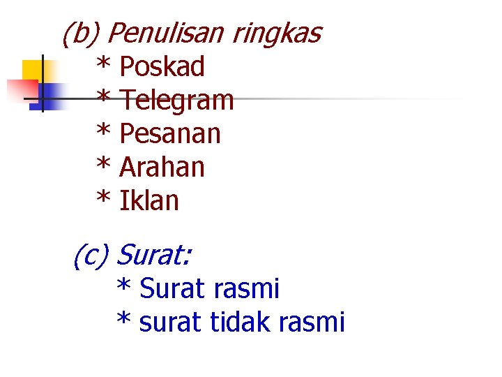 (b) Penulisan ringkas * * * Poskad Telegram Pesanan Arahan Iklan (c) Surat: * (b) Penulisan ringkas * * * Poskad Telegram Pesanan Arahan Iklan (c) Surat: *