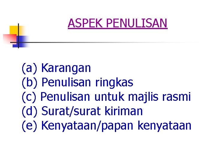 ASPEK PENULISAN (a) Karangan (b) Penulisan ringkas (c) Penulisan untuk majlis rasmi (d) Surat/surat ASPEK PENULISAN (a) Karangan (b) Penulisan ringkas (c) Penulisan untuk majlis rasmi (d) Surat/surat