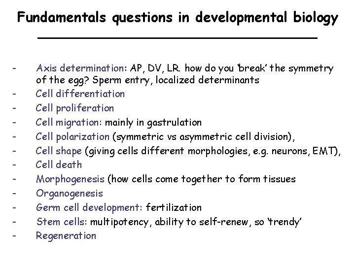 Fundamentals questions in developmental biology - Axis determination: AP, DV, LR. how do you