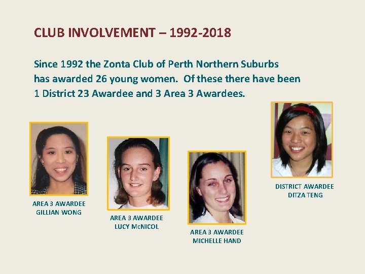 CLUB INVOLVEMENT – 1992 -2018 Since 1992 the Zonta Club of Perth Northern Suburbs