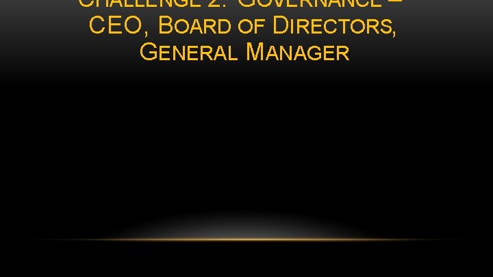 CHALLENGE 2: GOVERNANCE – CEO, BOARD OF DIRECTORS, GENERAL MANAGER 