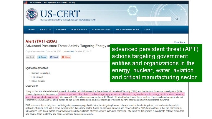 advanced persistent threat (APT) actions targeting government entities and organizations in the energy, nuclear,