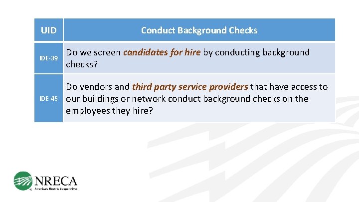 UID Conduct Background Checks IDE-39 Do we screen candidates for hire by conducting background