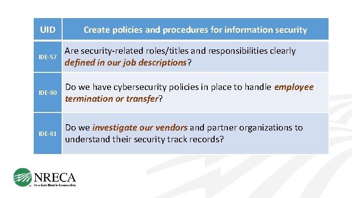 UID Create policies and procedures for information security IDE-57 Are security-related roles/titles and responsibilities