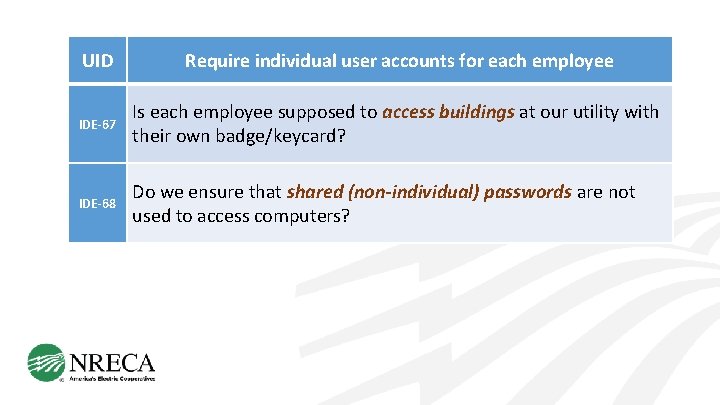 UID Require individual user accounts for each employee IDE-67 Is each employee supposed to