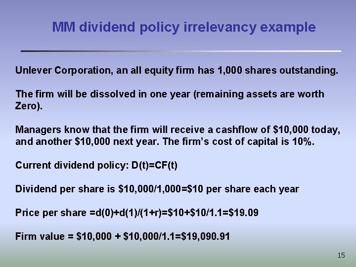 MM dividend policy irrelevancy example Unlever Corporation, an all equity firm has 1, 000