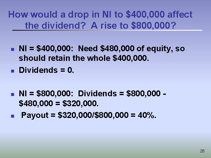 How would a drop in NI to $400, 000 affect the dividend? A rise