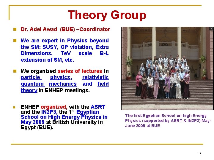 Theory Group n Dr. Adel Awad (BUE) –Coordinator n We are expert in Physics