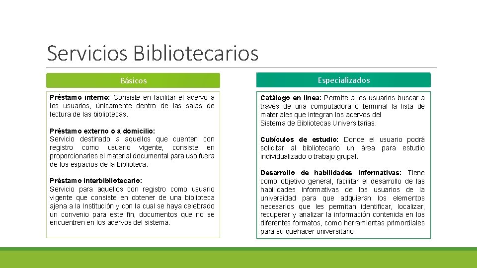 Servicios Bibliotecarios Básicos Especializados Préstamo interno: Consiste en facilitar el acervo a los usuarios,