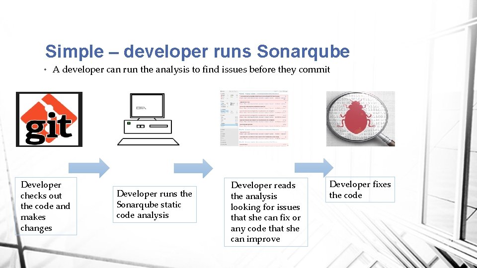 Simple – developer runs Sonarqube • A developer can run the analysis to find